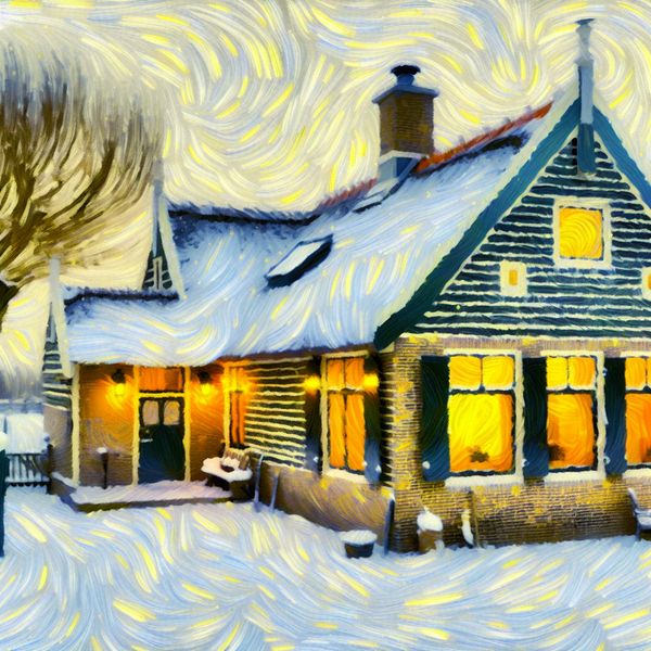 Goed geïsoleerd huis in winter: isolatie en warmtebehoud in Van Gogh-stijl Knus Nederlands huis in winter met sneeuw, warmtegolven boven het dak en muren tonen goede isolatie in Van Gogh-stijl