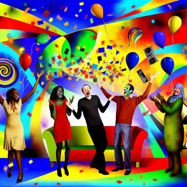 Verrassend Goed Nieuws Ontvangen - Vrolijke Diversiteit Een kleurrijke abstracte scène van een diverse groep mensen die vreugdevol nieuws ontvangen, met blije gezichten en feestelijke decoraties zoals ballonnen en confetti.