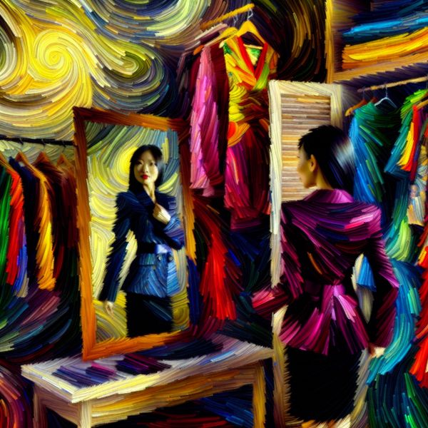 Vrouw die zichzelf bewondert in een donkergekleurd jasje dat haar perfect kleedt,  in Van Gogh-stijl