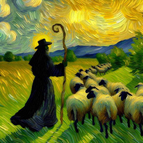 Herder in pastorale landschap in Van Gogh-stijl, symboliserend Gods bescherming en leiding als de Goede Herder in christelijk geloof