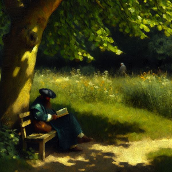 Persoon leest een boek op een rustige houten bank onder een grote boom in een vredig park, met zacht zonlicht en wilde bloemen