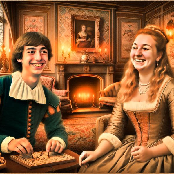 Broer en zus genieten van een goede relatie tijdens gezellig samenzijn in nostalgische setting Twee blije broer en zus spelen een bordspel in een sfeervolle, nostalgische woonkamer, illustrerend een goede relatie en harmonie tussen mensen