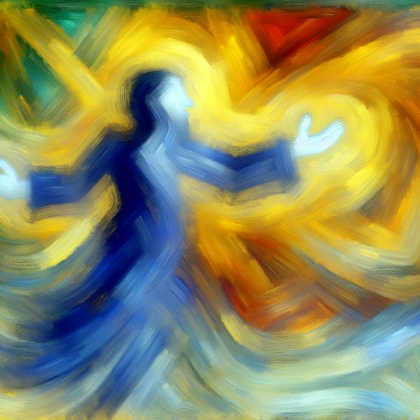 Abstracte voorstelling van goede trouw en tevredenheid in taal en communicatie Abstract expressionistisch schilderij van een figuur die goede trouw en tevredenheid uitstraalt met warme kleuren en dynamische penseelstreken