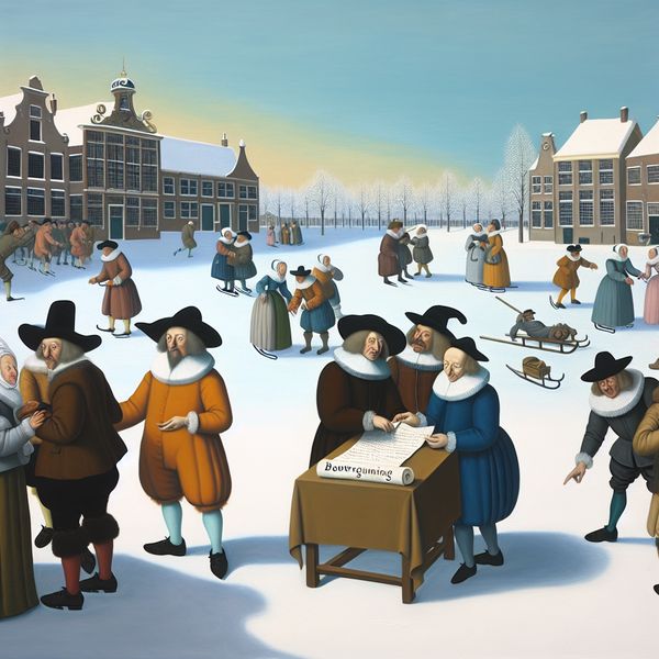 Historische goedkeuring bouwvergunning in winterse Nederlandse stad 17e-eeuwse Nederlandse stadstafereel met ambtenaren die een bouwvergunning goedkeuren, omringd door schaatsende en feestende dorpsbewoners in een besneeuwd stadsplein