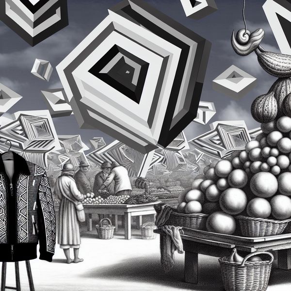 Surrealistische marktscène in de stijl van M.C. Escher met geometrische constructies en een goedkope jas met opvallend lage prijs