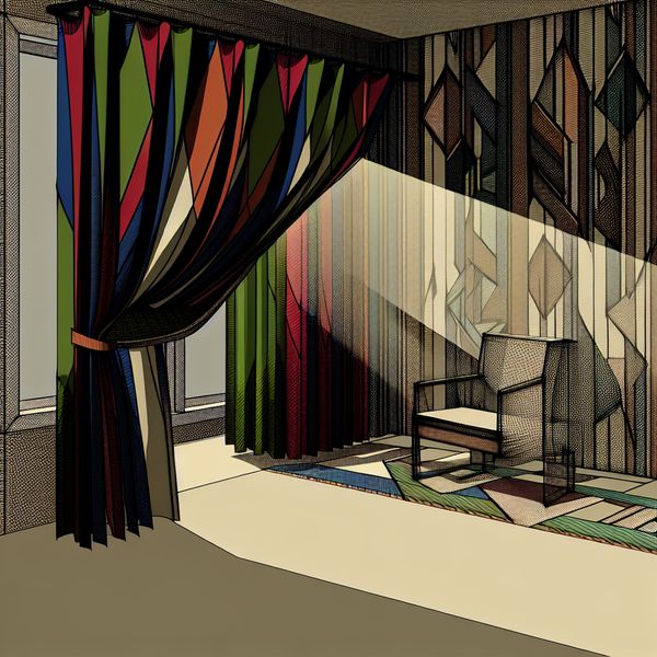 Betekenis van blokkeren: gordijn dat licht tegenhoudt - taalillustratie Retro-futuristische illustratie van een geometrisch gordijn dat fel zonlicht blokkeert in een moderne kamer