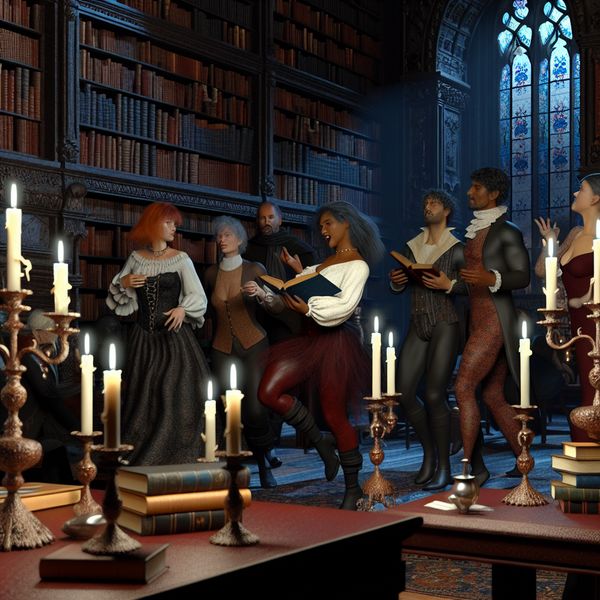 Gothic Bibliotheek met Diverse Personen en Boeken Een diverse groep mensen in een gothic bibliotheek met een vrouw die enthousiast een boek vasthoudt.