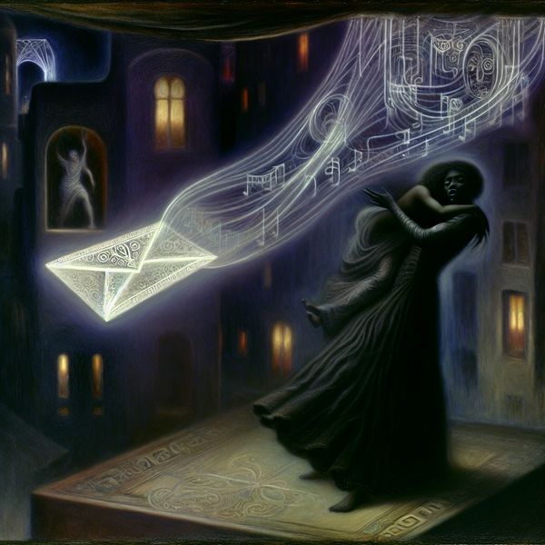 Een mysterieuze figuur in een gothic setting, omringd door symbolische elementen van communicatie en een gloeiend enveloppe.