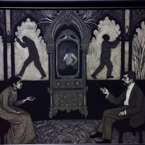 Gothic Discussie over Vulgair Taalgebruik Een gothic-stijl kamer met twee mensen in een serieuze discussie over vulgaire taal, een persoon is geschokt terwijl de ander onverschillig is.