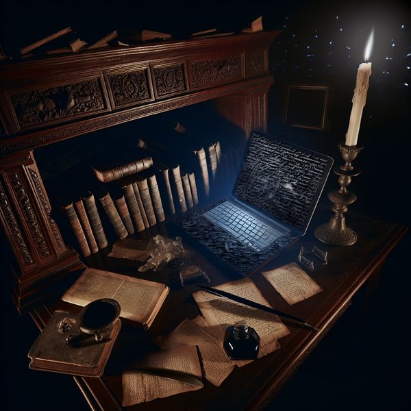 Gothic bureau met schrijfspullen en boeken voor taalstudie en schrijfwerk Donker houten bureau met boeken, laptop en schrijfgerei in een mysterieus verlichte studeerkamer in gothic stijl