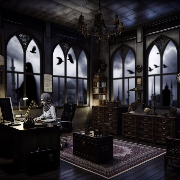 Gothic kantoorruimte met een figuur die aan een bureau werkt, omringd door schaduw en antieke voorwerpen.