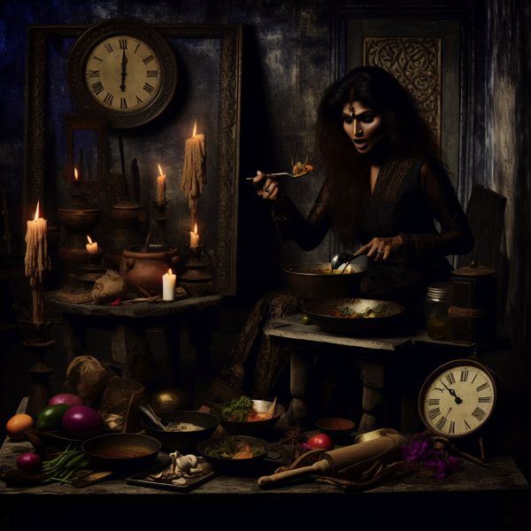 Gothic Keuken: Creativiteit en Smaak Testen Een vrouw in een gothic keuken, proevend van een kleurrijk gerecht op een kaarslichttafel.