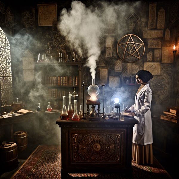 Chemicus in een gothic laboratorium met flessen en dampende chemische stoffen.