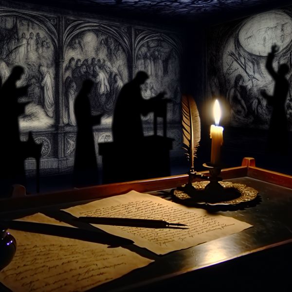 Gothic-stijl schrijfbureau met handgeschreven notities en schetsen in een sfeervolle, schemerige kamer.