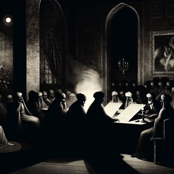 Gothic Vergadering: Stemmen over Projectvoorstellen Vergadering met serieuze individuen die stemmen over mysterieuze projectvoorstellen in een duistere kamer