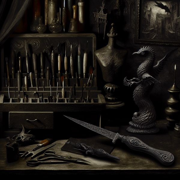 Gothic Werkplaats met Mesje en Model van Mythisch Wezen Een gothic werkplaats met een gedetailleerd werkbank vol kunstbenodigdheden, en een elegant mesje naast een model van een mythisch wezen.