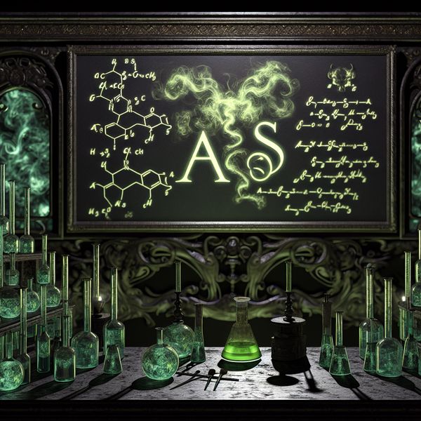 Gothische laboratorium met een zwarte bord vol chemische formules en het symbool 'As' in groen. Vials en glazen gevuld met gevaarlijke vloeistoffen.