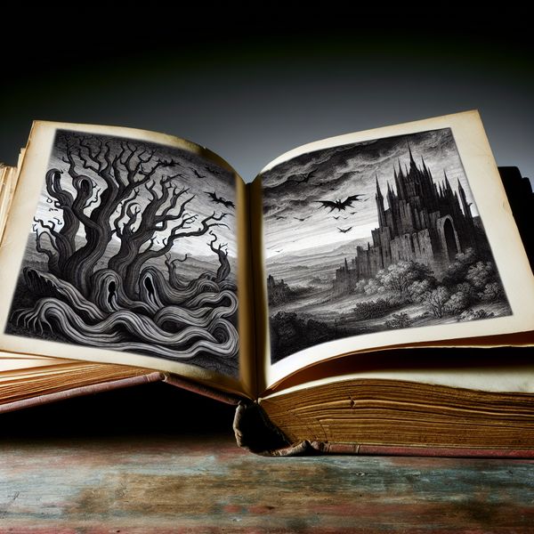 Donkere illustratie van een indrukwekkend gothic landschap in een geopend boek op een antieke houten tafel, met een kasteel op de achtergrond.
