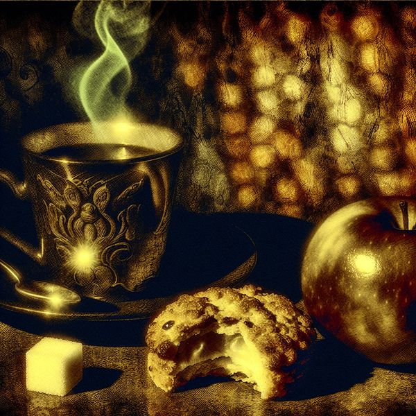 Zoete verleiding: symbolisch stilleven met koffie, koek en appel voor taalstudie Gothische stilleven met dampende koffie, zoet koekje en half opgegeten appel in warme amberkleuren, symbolisch voor zoete verleiding