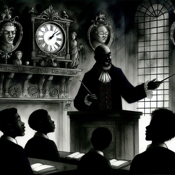 Gothische klas met leraar die punctualiteit benadrukt Een gothische leraar benadrukt belangrijkheid van punctualiteit aan studenten in een donkere klas.
