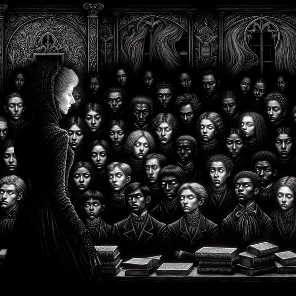 Gothische klaslokaal met gefocuste studenten Gothic stijl klaslokaal met studenten die gefocust luisteren naar een mysterieuze leraar, verlicht door een enkele lichtbron.