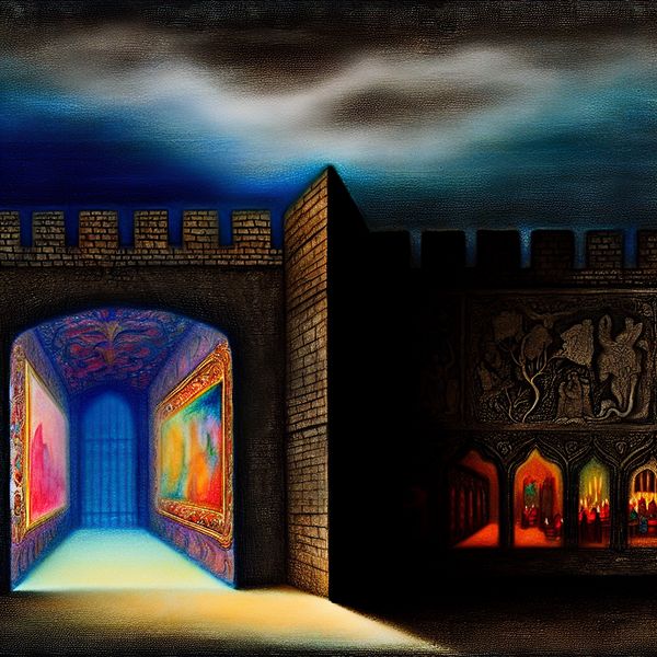 Gothische Muur van Afscheiding tussen Kunst en Mysterie Een hoge, donkere muur met gothische gravures die een heldere, kleurrijke kamer scheidt van een mysterieuze, schaduwrijke tuin.