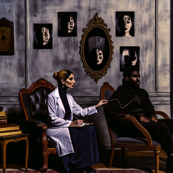 Gothische psychologische test in kliniek met evocatieve afbeeldingen Gothische scène in een kliniek met een psycholoog die een visuele test afneemt aan een patiënt op een vintage stoel