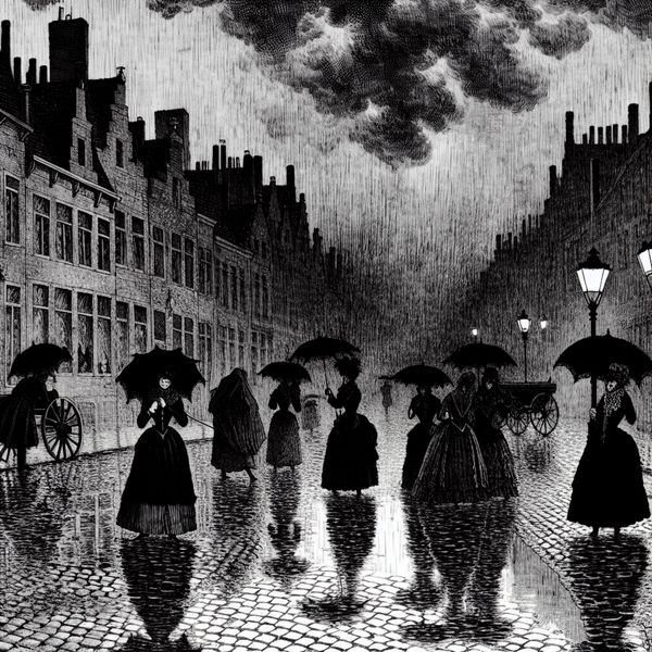 Gothische straatscène in de regen met 19e-eeuwse figuren onder zwarte paraplu's, natte kasseien en dramatische wolkenlucht