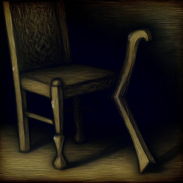 Wankele stoel met kortere meubelpoot - symboliek en details in gothische stijl Gothische illustratie van een wankele houten stoel met een kortere meubelpoot, symbolisch voor instabiliteit