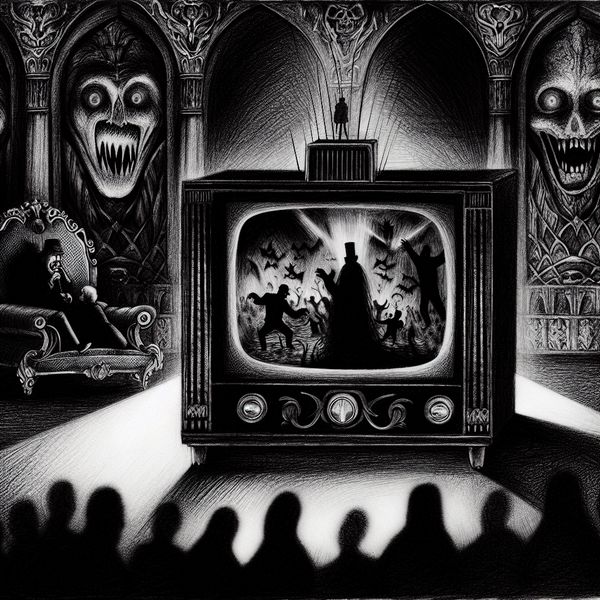 Symbolische uitzending televisieprogramma met gothische sfeer en mysterieuze documentaire Gothische televisie-uitzending met mysterieuze documentaire op een oude tv, omringd door gefascineerde kijkers in een donkere studio in de stijl van Félicien Rops