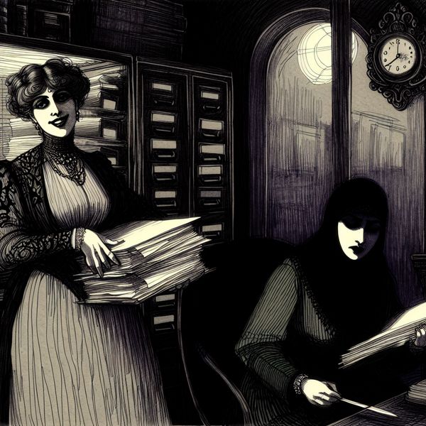 Gothische illustratie van vrouwen in de werkplek: status en vergelijking Gothische illustratie van twee vrouwen in een kantoor, de ene vrouw straalt zelfvertrouwen uit met documenten, terwijl de andere vrouw angstig en overweldigd lijkt.