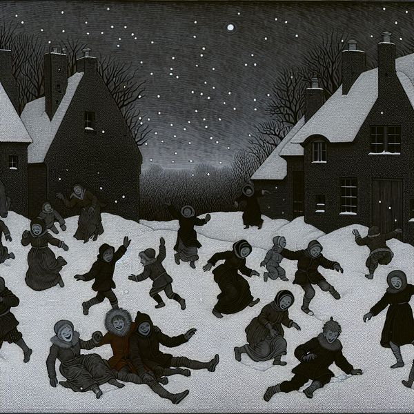 Gothische winterscène met spelende kinderen in dikke sneeuw, donkere gebouwen en vallende sneeuwvlokken in de stijl van Félicien Rops