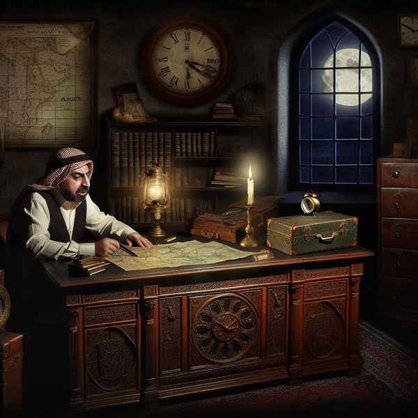 Gothisch Kantoor met Kaarslicht en Discussie over Vakantieplannen Gothic office scene with a man discussing holiday plans at an ornate desk, illuminated by candlelight.