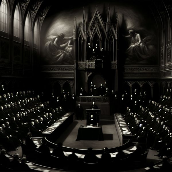 Gothische Conferentiehal Voor Politieke Congres Een donkere en sfeervolle zaal met diverse politici rondom een podium in een gotische conferentiehal.