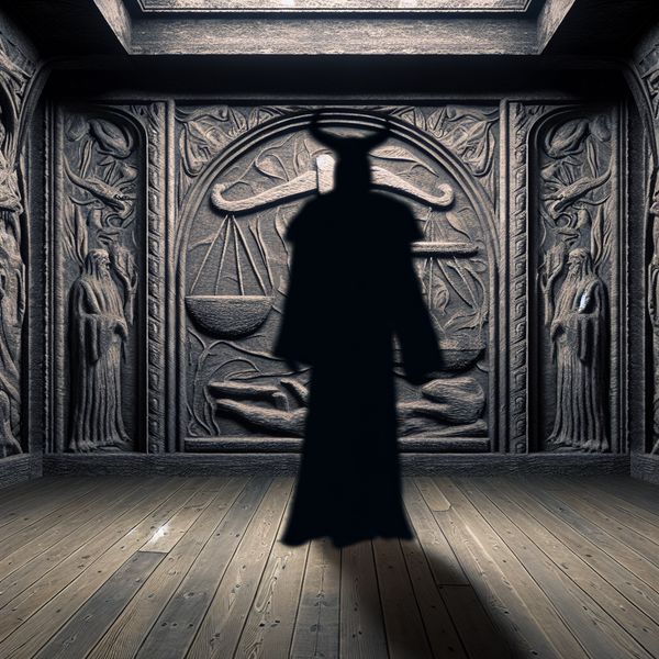 Donker, gotisch rechterlijke zaal met schaduwachtige figuur die 'de aap' vertegenwoordigt, omringd door juridische symbolen en mystieke verlichting.