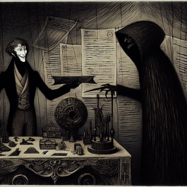Gotische ruilovereenkomst tussen mysterieuze figuren Donkere illustratie van twee figuren in een gotische setting, bij een rijk gedecoreerde tafel met diverse mysterieuze voorwerpen, symboliserend een ruilovereenkomst.