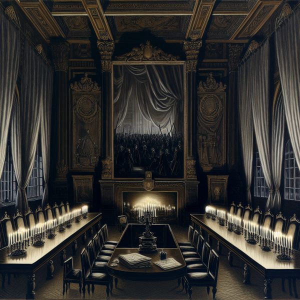 Gothische Vergaderruimte geschikt voor Belangrijke Besprekingen Een sfeervolle, gedimde vergaderruimte met een lange tafel, gedecoreerd met kaarsen en documenten, omringd door zware gordijnen en complexe gotische details.