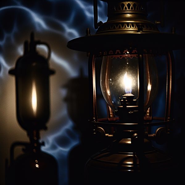Gotische vintage gaslamp die warmte uitstraalt in een duistere setting Een vintage gaslamp straalt warm licht uit in een duistere, gotische setting, met complexe patronen en schaduwen op de muren.