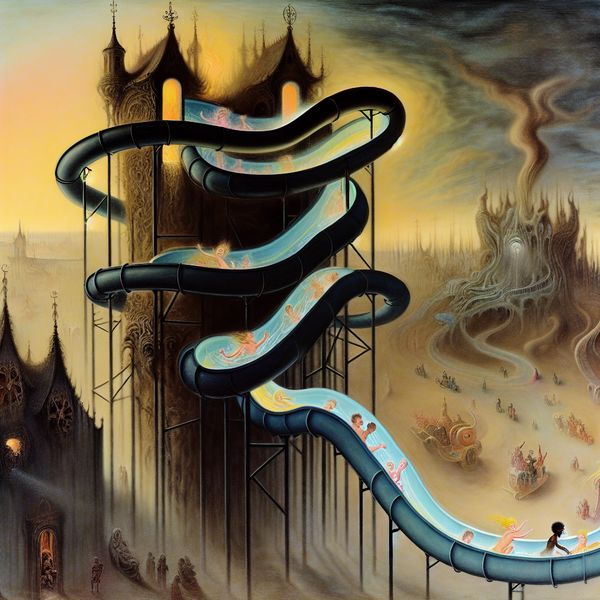 Surrealistische illustratie van een lange, kronkelende waterglijbaan in een gotisch pretpark bij schemering, met spelende kinderen en een mysterieuze sfeer