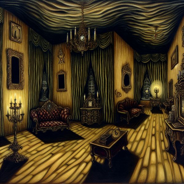 Gothische woonkamer illustratie: symboliek en sfeer van een kamer in huis Donkere, symbolische illustratie van een mysterieuze woonkamer in gotische stijl, met zware gordijnen, antiek meubilair en gedempt licht