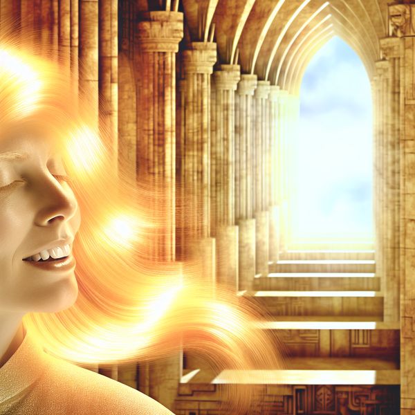 Hyperrealistisch surrealistisch portret van een vrouw met warme, goudblonde haren die zacht oplichten in het zonlicht, met dromerige architectuur op de achtergrond