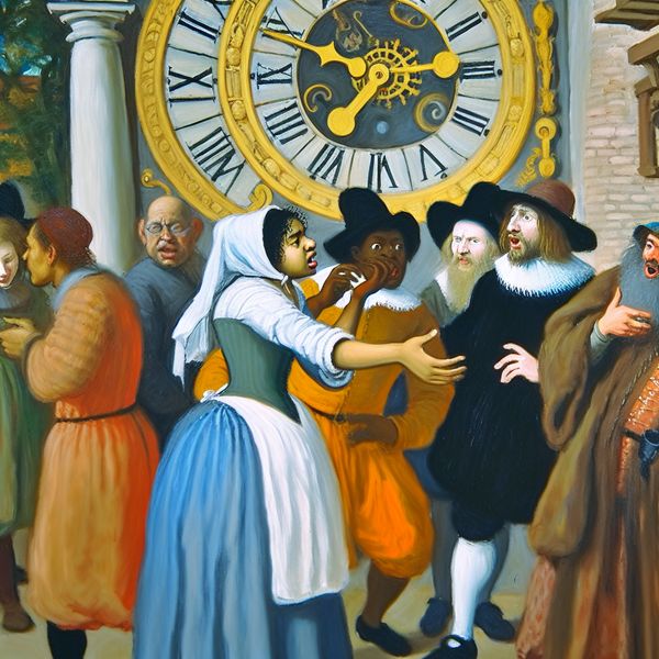 Tijdstip Vraag bij Kloktoren in de Gouden Eeuw Stijl Groep mensen verzameld rond een grote, sierlijke kloktoren in de stijl van de Gouden Eeuw, met dynamische uitdrukkingen van nieuwsgierigheid.