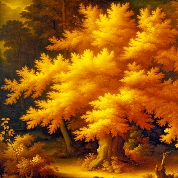 Gouden herfstbladeren in barokke stijl - kleur goud in de natuur Barokke herfstboom met bladeren in warme gouden kleur, glanzend in dramatisch zonlicht