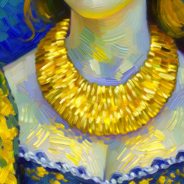 Gouden ketting als waardevol edelmetaal in Van Gogh schilderstijl Dichtbij schilderij in Van Gogh-stijl van een vrouw met een dikke, glanzende gouden ketting als symbool van waardevol edelmetaal