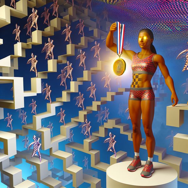 Gouden medaille winnen op Olympische Spelen - surrealistische Escher-stijl illustratie Surrealistische weergave van een atleet op een onmogelijk podium met een gouden medaille die licht uitstraalt, geïnspireerd op M.C. Escher