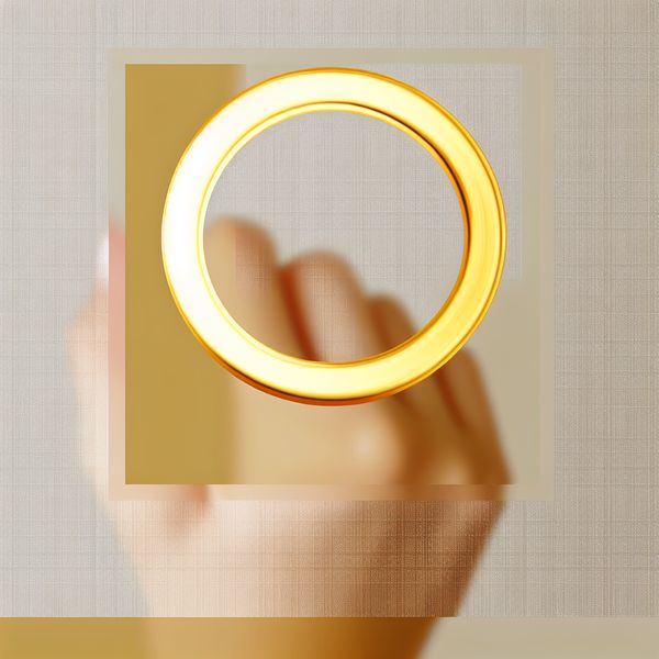 Minimalistische illustratie van een hand met een glanzende gouden ring in de stijl van Dick Bruna