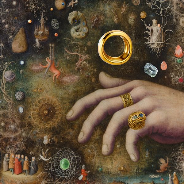 Dichtbij van een hand met een gouden ring met magische details, omringd door zwevende edelstenen en fantasiewezens in de stijl van Hieronymus Bosch
