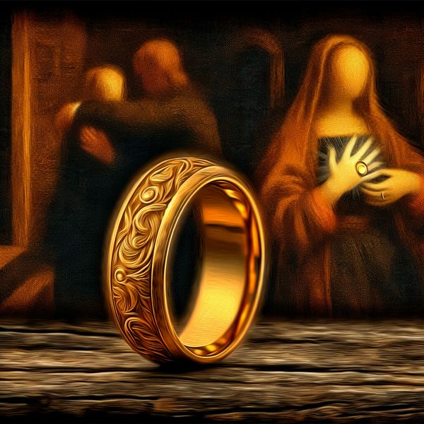 Gouden trouwring symbool van verbintenis Close-up van een gouden trouwring met ingewikkelde gravering op een donkere houten tafel, omringd door warm, zacht licht.