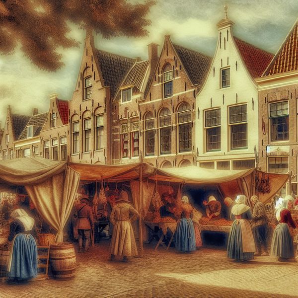 Gezicht op het historische centrum van Gouda tijdens de Goudse Markenmarkt met lokale mensen in historische kostuums en traditionele gebouwen.