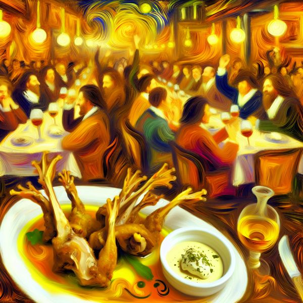 Gourmet Kikkerbil Gerechten in een Levendig Restaurant Kikkerbilletjes op een elegant bord met kruiden en knoflookboter, in een bruisend restaurant met enthousiaste gasten